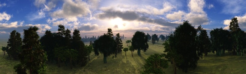 Panorama of the forest-steppe, sunset over the forest-steppe, 3d rendering