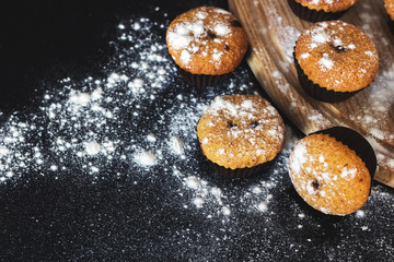 Homemade cupcakes with sugar powder on a black background. Selective focus, top view, copy space.