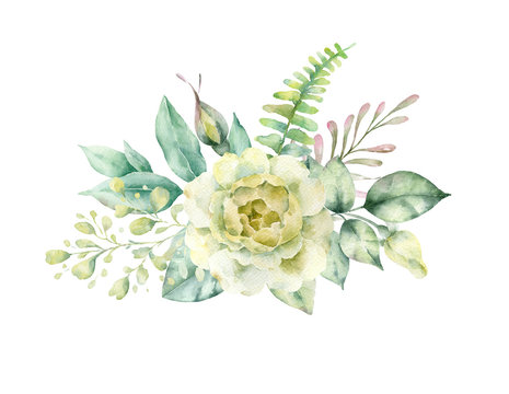 watercolor flower arrangement, green leaves, white background clip art preview