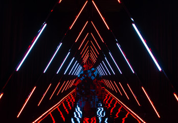 Abstract triangle corridor of tube lights that form a lit tunnel in white and red for an unique scifi background or technology element.