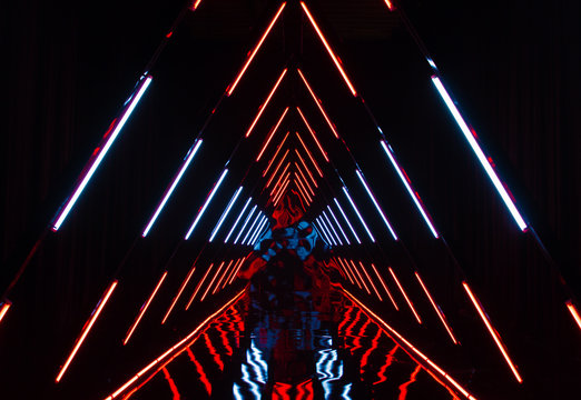 Abstract triangle corridor of tube lights that form a lit tunnel in white and red for an unique scifi background or technology element.