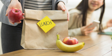 Healthy School Lunch. Mother Packing Food For Daughter