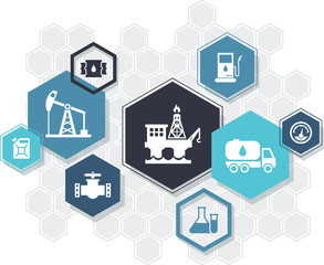 oil / gas industry concept with icons in connected hexagon shapes – vector illustration