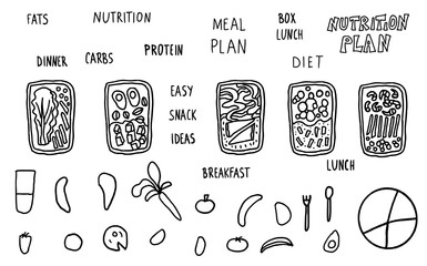 Health food vector set. Lunch boxes with meal.