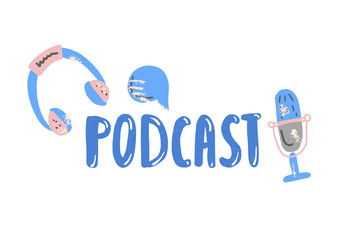 Podcast lettering with decoration. Vector design.