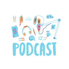 Podcast lettering with decoration. Vector design.