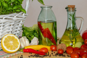 Bottles with flavored oil.