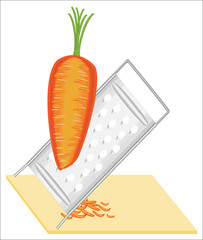 Ripe beautiful carrots. Vegetables grate on the grater. Preparation of tasty, healthy, healthy food. Vector illustration