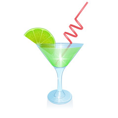 Vector glass of margarita, realistic cocktail with lime slice and straw for drink isolated on white. Color illustration summer alcohol drink.