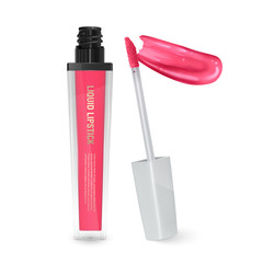 Liquid lipstick, Lip gloss in elegant bottle, open container with brush and smear of pink lipstick on white background, can be used for leaflets for the promotion of decorative cosmetics
