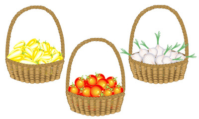Fototapeta na wymiar Collection.Soran is a rich harvest. In a beautiful wicker basket fresh peppers, onions, tomatoes. Vegetables are needed for cooking delicious food. Vector illustration set