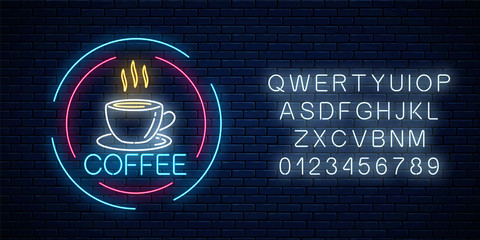 Glowing neon coffee cup icon in circle frames with alphabet. Light effect hot beverage or cafe sign.