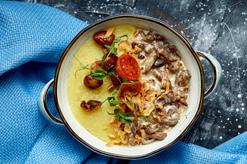 Beef stroganoff with mashed potatoes in a pot. top view, stone background