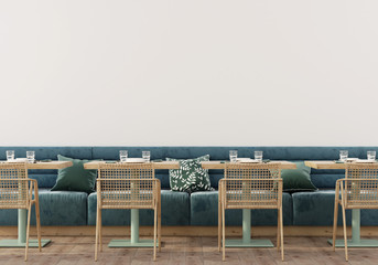 Сafe interior with soft blue sofa