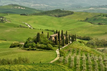 Pienza, Italy - April 24, 2018: Famous Podere Belvedere Villa Belvedere in spring season, in the heart of the Tuscany. Val d'Orcia.