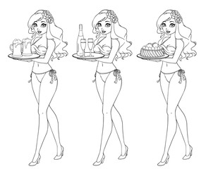 Pretty cartoon girl in bikini swimsuit holding beer, champagne and cake. Hand drawn contour vector illustration.