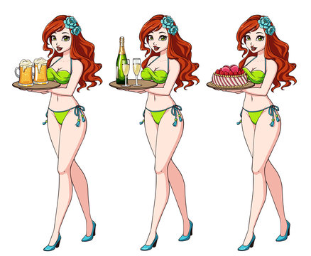 Pretty cartoon girl with red hair in green bikini swimsuit holding beer, champagne and cake. Hand drawn vector illustration. Can be used for prints, cards, coloring books, games, tattoo etc.