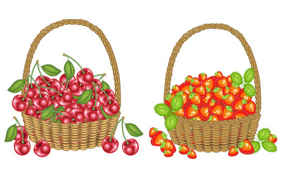 Collection. Collected a generous harvest. Baskets full of ripe juicy berries. Fresh beautiful strawberries and cherries, a source of vitamins and pleasure. Vector illustration set