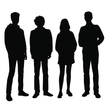 Set of vector silhouettes of  men and a woman, a group of standing business people, black color isolated on white background