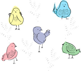 birds doodle outline color hand drawn