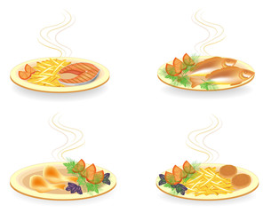Collection. On a plate cutlets, chicken drumsticks, fish. Garnish fried potatoes, tomato, greens dill, basil and parsley. Tasty and nutritious food. Vector illustration set