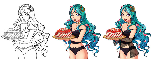 Set of three cute cartoon girls contour art and colored .