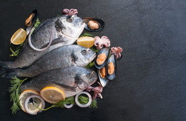 Fresh Dorado fish. Lots of fresh seafood on black wooden background. Shrimp, Dorado, mussels,...