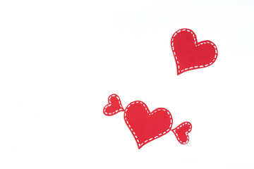 Red paper hearts isolated on white background. Valentine's Day. Copy space. Top view.