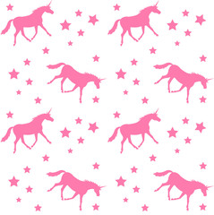 seamless vector unicorn pink silhouette pattern with stars isolated on white background
