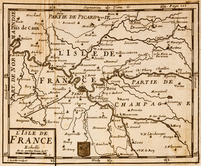 Old map of the Paris region. Vintage. Ile de France