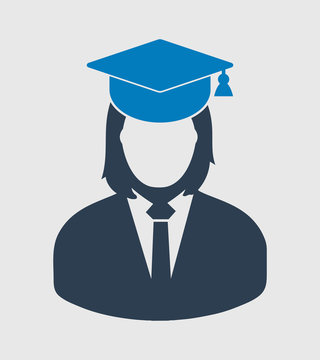 Female Graduate Student Icon With Gown And Cap. Flat Style Vector EPS.