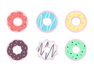 Fototapeta premium Vector set of donuts icons with colored glaze. Set of american sweet dessert. Sweet donut in flat style.