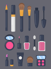 Make up cosmetics set of vector icons in cartoon style. Lipstick and pomade fashion makeup collection. Beauty salon and woman cosmetic magazine illustrations.