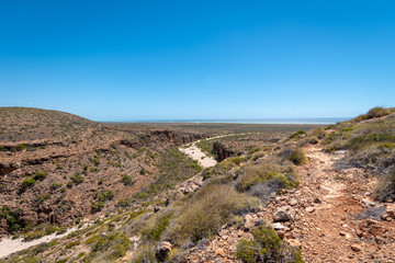 View from the Mandu Mandu Gorge at the Cape Range National Park towards the Indian Ocean in Australia