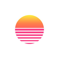 80s sunset retro neon background. 90s poster electro sun space vintage grid sunset icon