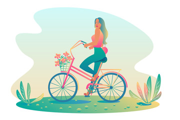 Glamor athletic girl with long hair rides a bicycle with flowers on a sunny summer day. Walk on the bike of a beautiful woman in nature. Template, flat design, colorful gradients, vector illustration.