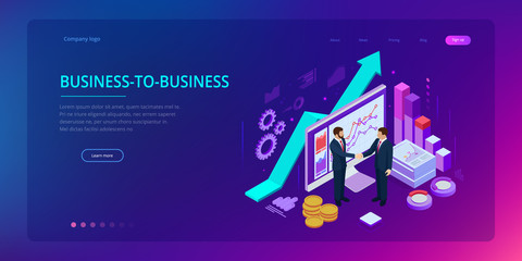 Isometric Successful business collaboration. Businessmen shaking hands. B2B. Data and key performance indicators for business intelligence analytics