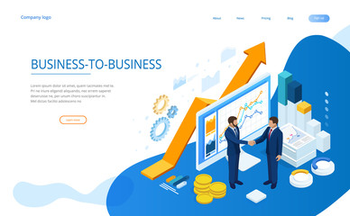 Isometric Successful business collaboration. Businessmen shaking hands. B2B. Data and key performance indicators for business intelligence analytics