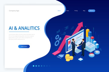 Obraz premium Isometric Successful business collaboration. Businessmen shaking hands. B2B. Data and key performance indicators for business intelligence analytics