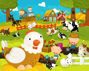 cartoon happy and funny farm scene with happy chicken hen - illustration for children