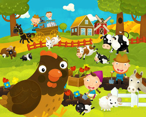 Obraz na płótnie Canvas cartoon happy and funny farm scene with happy chicken hen - illustration for children