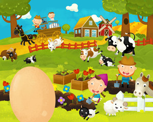cartoon happy and funny farm scene with chicken egg - illustration for children