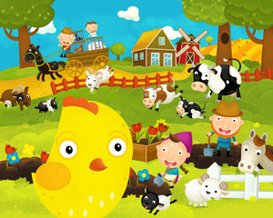 cartoon happy and funny farm scene with happy chicken hen - illustration for children