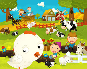 cartoon happy and funny farm scene with happy chicken hen - illustration for children