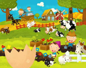 cartoon happy and funny farm scene with chicken egg - illustration for children