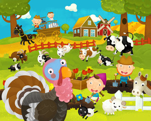 Obraz na płótnie Canvas cartoon happy and funny farm scene with happy turkey - illustration for children