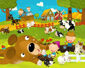 cartoon happy and funny farm scene with happy and funny dog - illustration for children