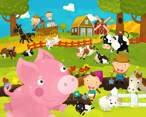 cartoon happy and funny farm scene with happy and funny pig - illustration for children