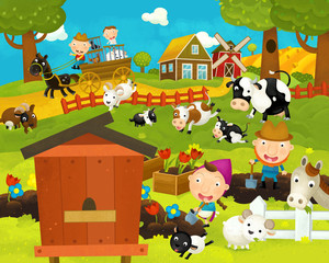 cartoon happy and funny farm scene with funny hive - illustration for children