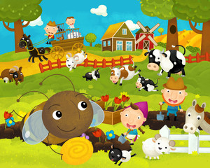 cartoon happy and funny farm scene with happy and funny flying bee - illustration for children